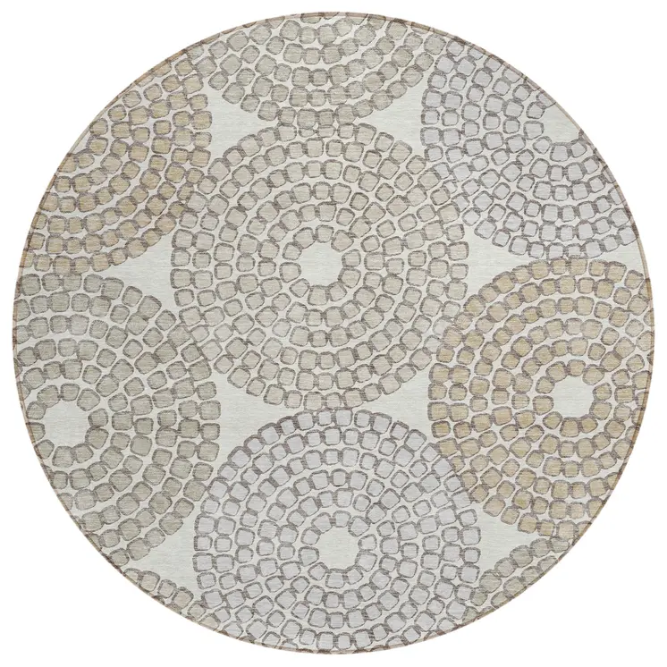 8' Ivory Brown And Gray Round Geometric Washable Indoor Outdoor Area Rug