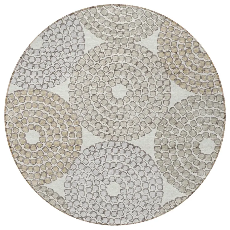 8' Ivory Brown And Gray Round Geometric Washable Indoor Outdoor Area Rug