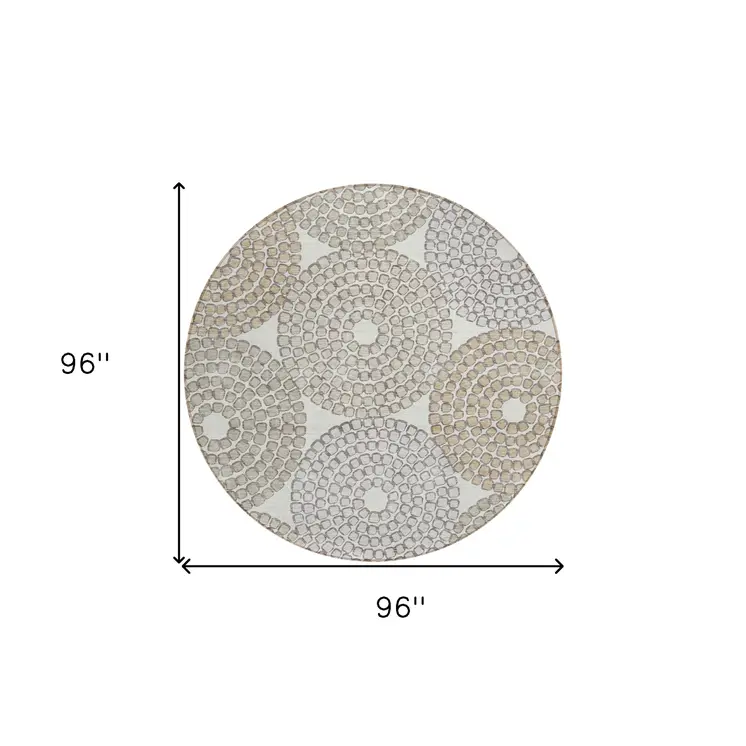 8' Ivory Brown And Gray Round Geometric Washable Indoor Outdoor Area Rug