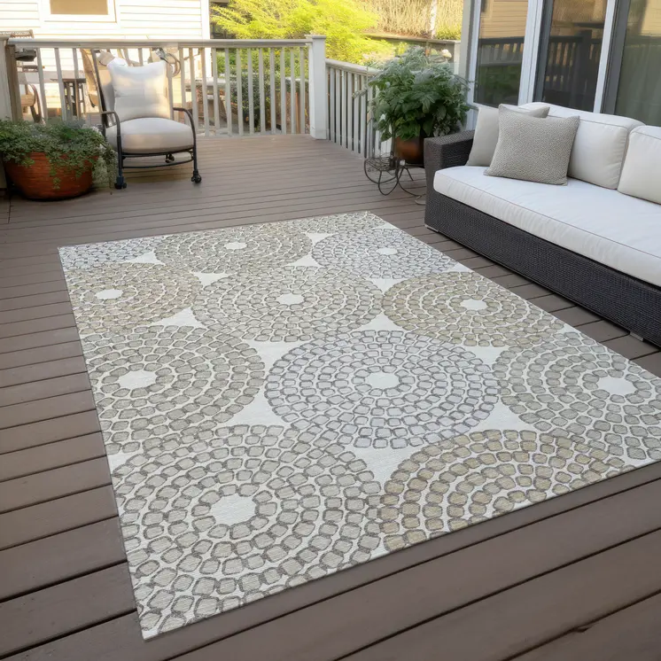 9' X 12' Ivory Brown And Gray Geometric Washable Indoor Outdoor Area Rug