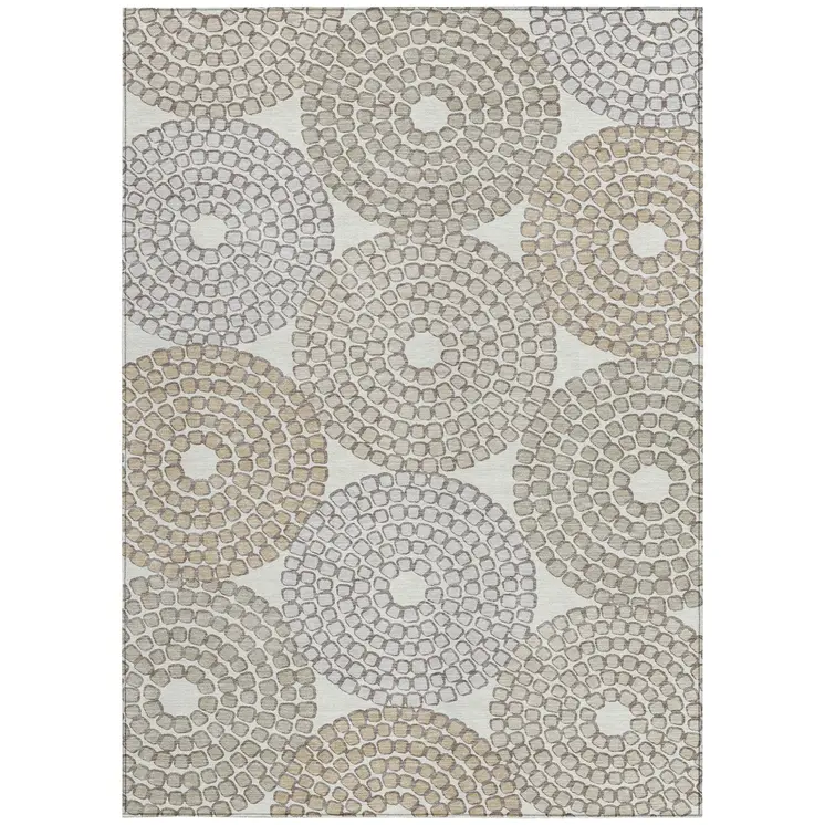 10' X 14' Ivory Brown And Gray Geometric Washable Indoor Outdoor Area Rug
