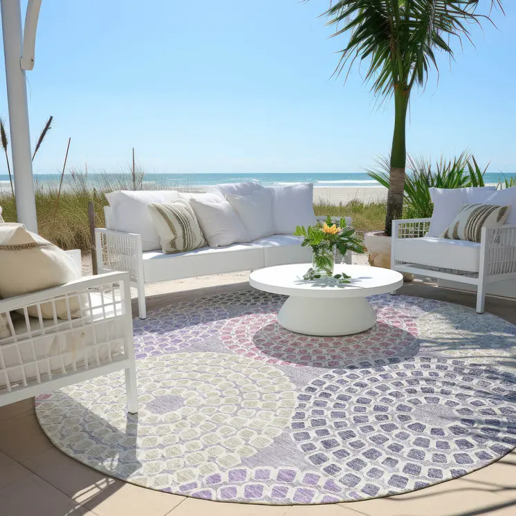 8' Lavender Purple And Gray Round Geometric Washable Indoor Outdoor Area Rug