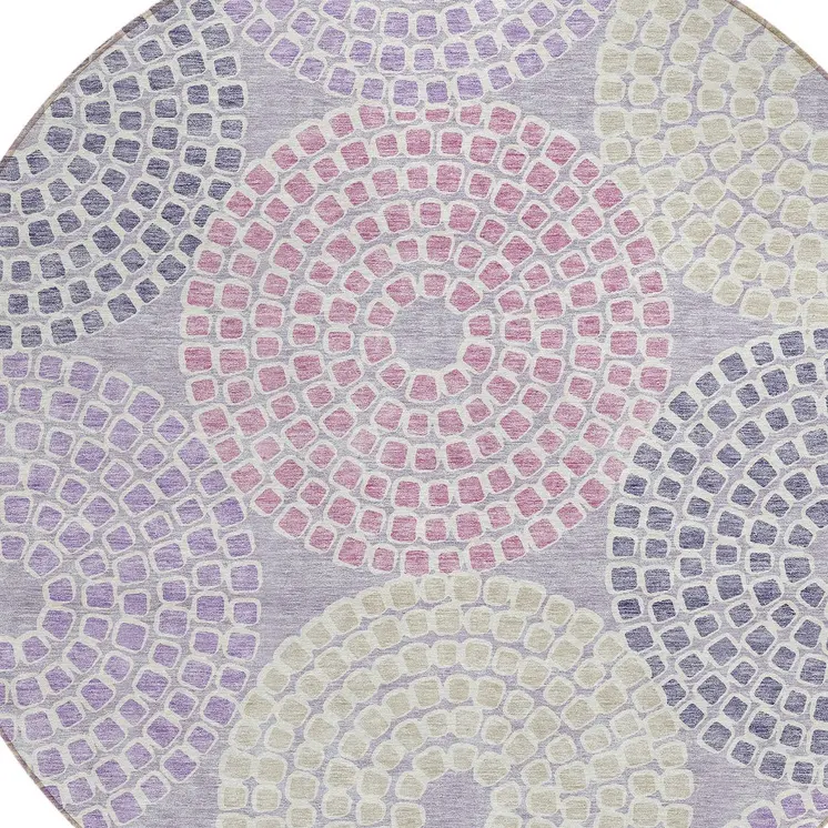8' Lavender Purple And Gray Round Geometric Washable Indoor Outdoor Area Rug