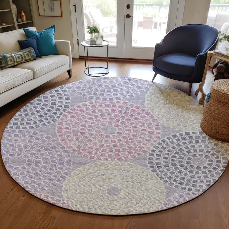 8' Lavender Purple And Gray Round Geometric Washable Indoor Outdoor Area Rug
