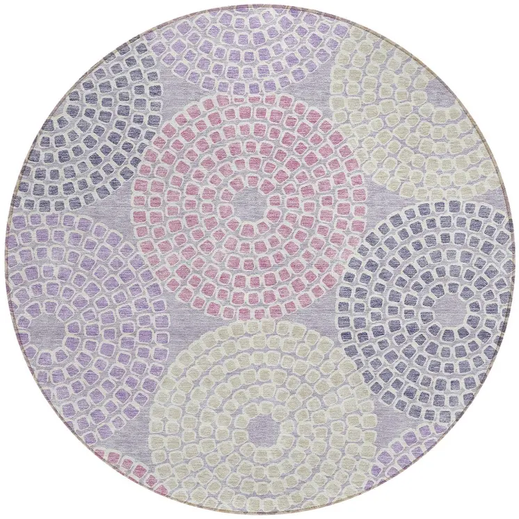 8' Lavender Purple And Gray Round Geometric Washable Indoor Outdoor Area Rug