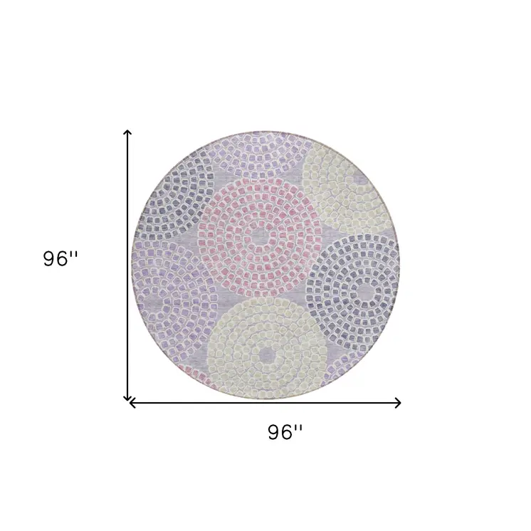 8' Lavender Purple And Gray Round Geometric Washable Indoor Outdoor Area Rug