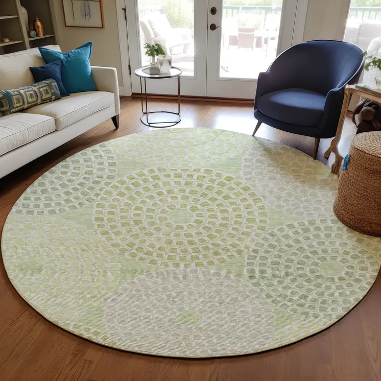 8' Mint Green And Light Purple Round Geometric Washable Indoor Outdoor Area Rug