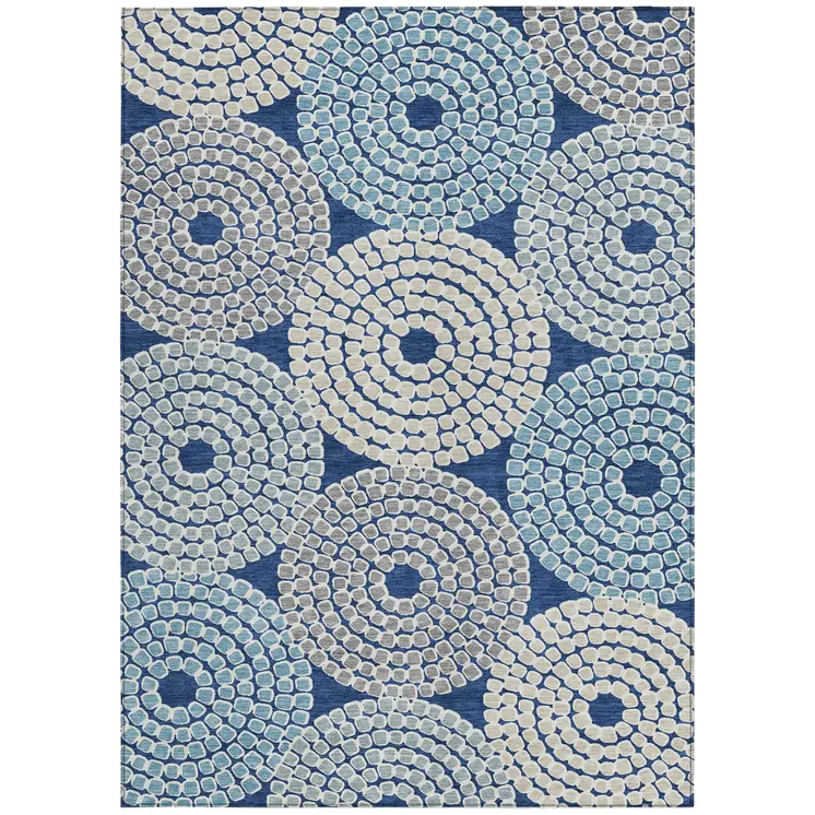 5' X 8' Navy Blue Gray And Aqua Geometric Washable Indoor Outdoor Area Rug
