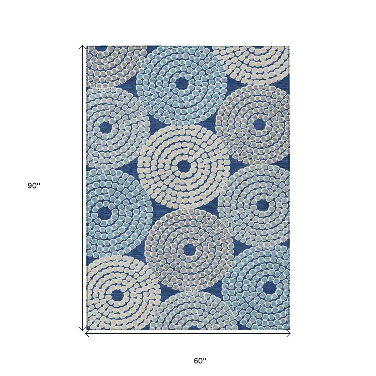 5' X 8' Navy Blue Gray And Aqua Geometric Washable Indoor Outdoor Area Rug