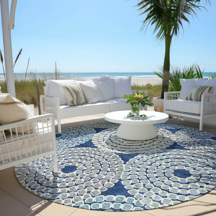 8' Navy Blue Gray And Aqua Round Geometric Washable Indoor Outdoor Area Rug