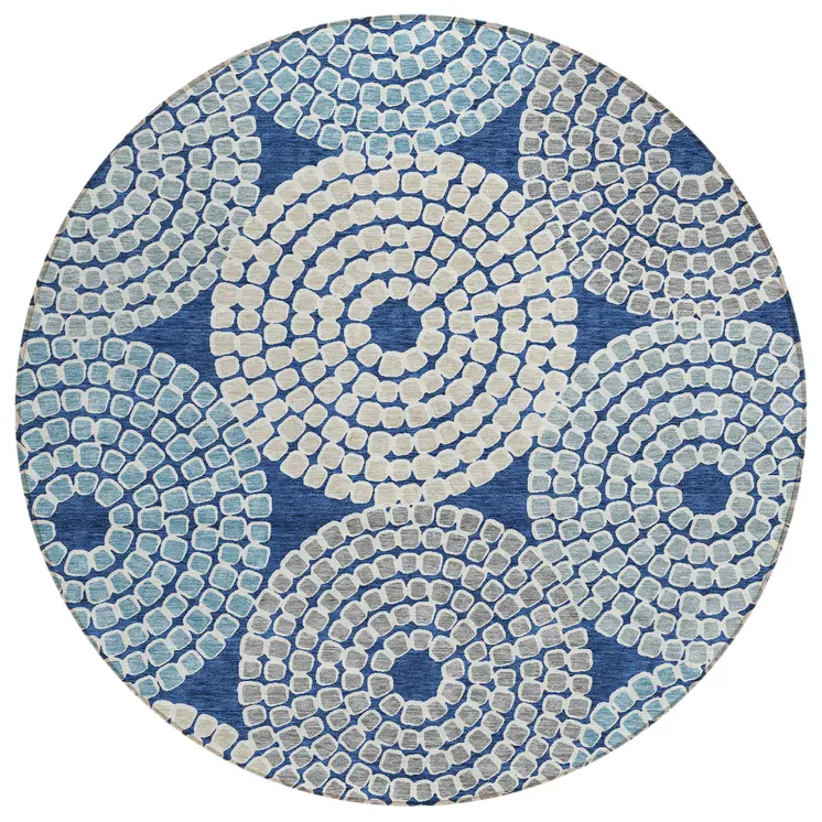 8' Navy Blue Gray And Aqua Round Geometric Washable Indoor Outdoor Area Rug
