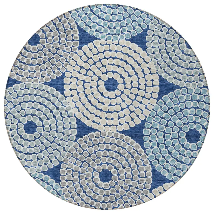 8' Navy Blue Gray And Aqua Round Geometric Washable Indoor Outdoor Area Rug