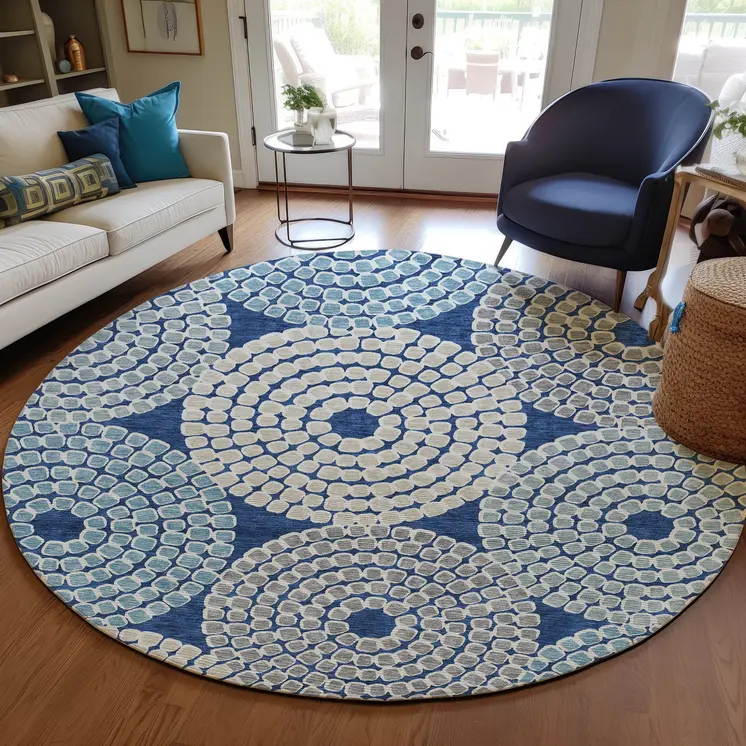 8' Navy Blue Gray And Aqua Round Geometric Washable Indoor Outdoor Area Rug