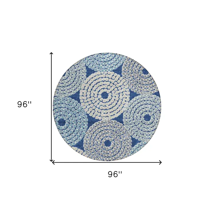 8' Navy Blue Gray And Aqua Round Geometric Washable Indoor Outdoor Area Rug