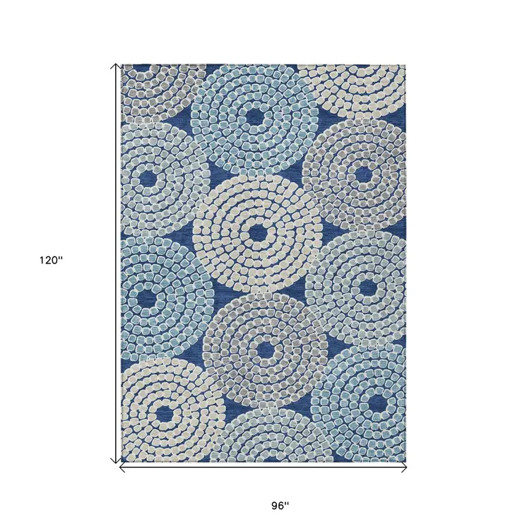 8' X 10' Navy Blue Gray And Aqua Geometric Washable Indoor Outdoor Area Rug