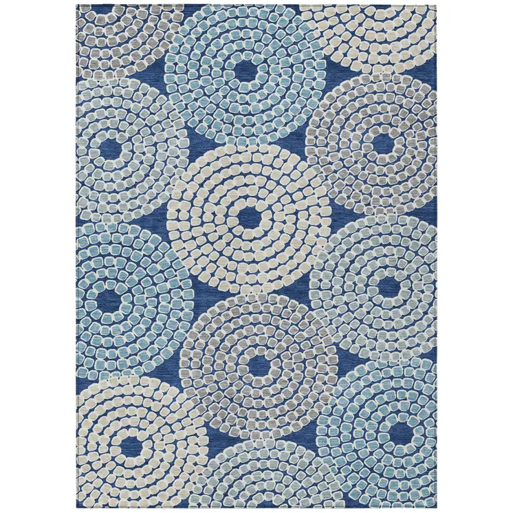 8' X 10' Navy Blue Gray And Aqua Geometric Washable Indoor Outdoor Area Rug