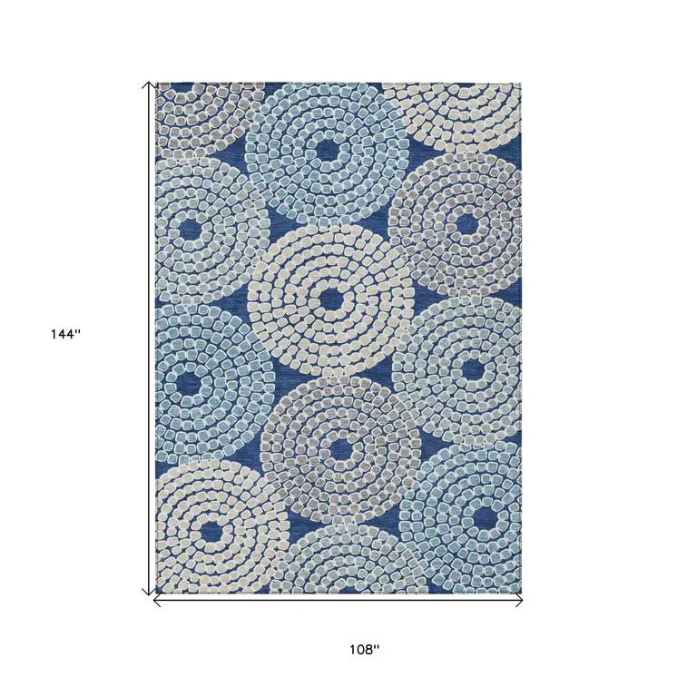 9' X 12' Navy Blue Gray And Aqua Geometric Washable Indoor Outdoor Area Rug