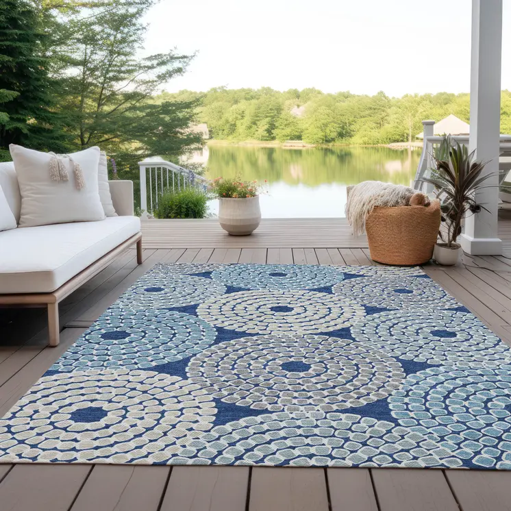 10' X 14' Navy Blue Gray And Aqua Geometric Washable Indoor Outdoor Area Rug