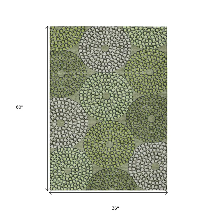 3' X 5' Olive Green And Beige Geometric Washable Indoor Outdoor Area Rug