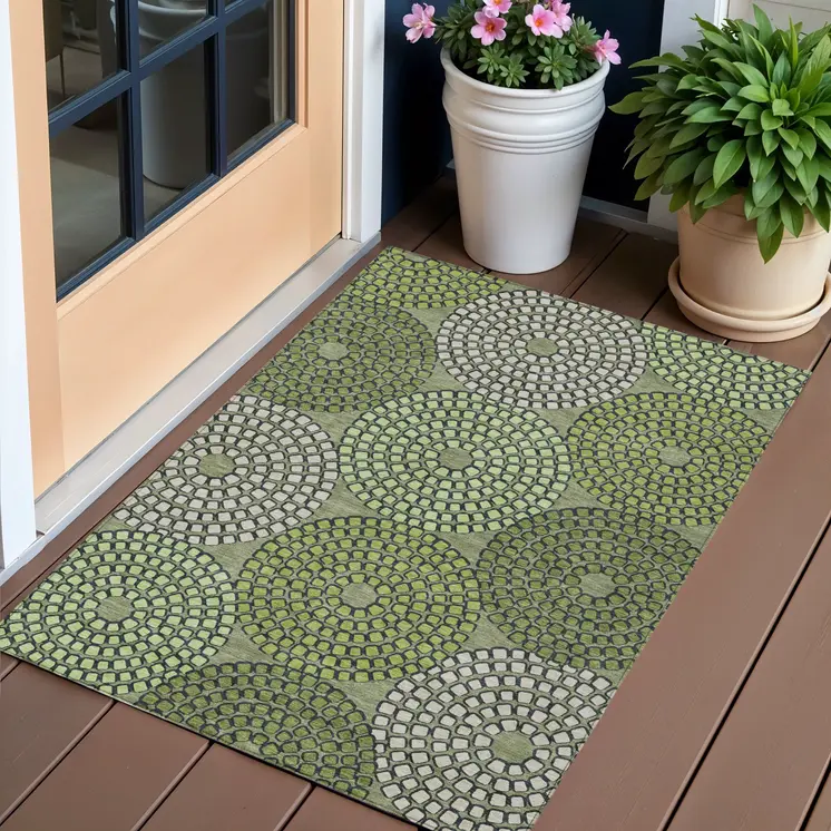 3' X 5' Olive Green And Beige Geometric Washable Indoor Outdoor Area Rug