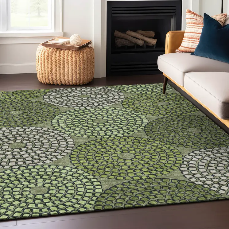 3' X 5' Olive Green And Beige Geometric Washable Indoor Outdoor Area Rug