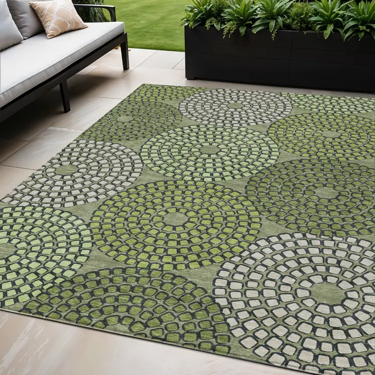 5' X 8' Olive Green And Beige Geometric Washable Indoor Outdoor Area Rug