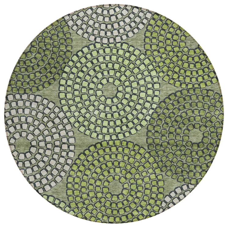 8' Olive Green And Beige Round Geometric Washable Indoor Outdoor Area Rug