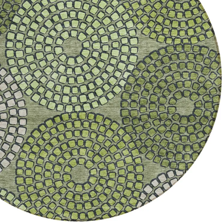 8' Olive Green And Beige Round Geometric Washable Indoor Outdoor Area Rug