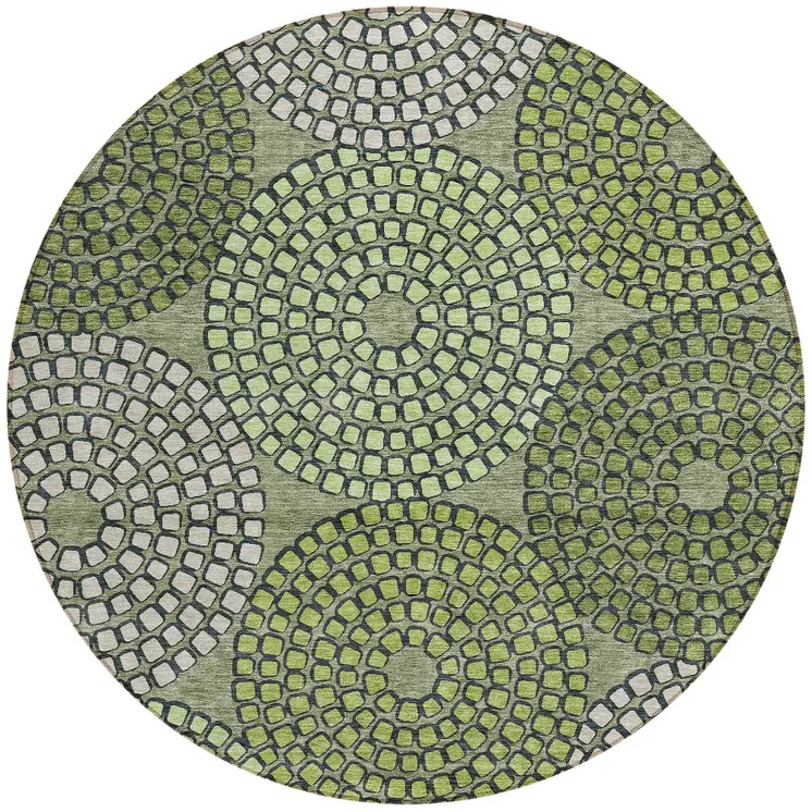 8' Olive Green And Beige Round Geometric Washable Indoor Outdoor Area Rug