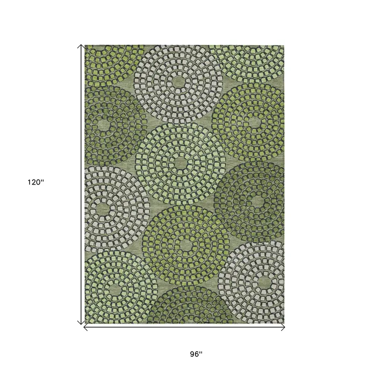 8' X 10' Olive Green And Beige Geometric Washable Indoor Outdoor Area Rug