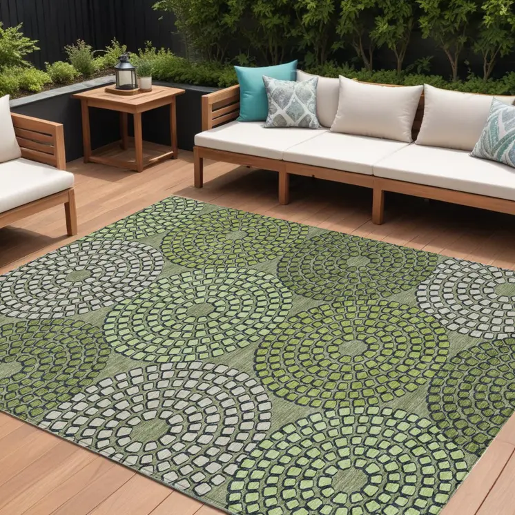 8' X 10' Olive Green And Beige Geometric Washable Indoor Outdoor Area Rug