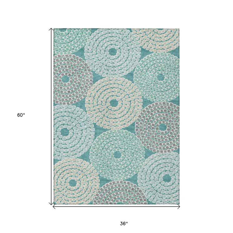 3' X 5' Teal Blue Beige And Gray Geometric Washable Indoor Outdoor Area Rug