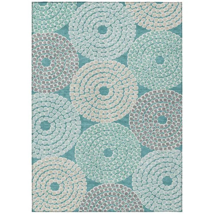 3' X 5' Teal Blue Beige And Gray Geometric Washable Indoor Outdoor Area Rug