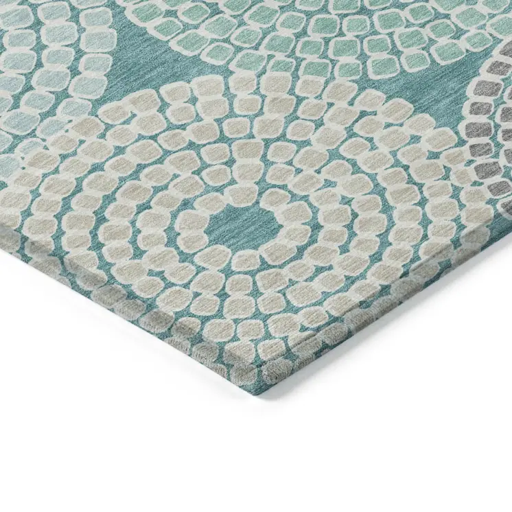 3' X 5' Teal Blue Beige And Gray Geometric Washable Indoor Outdoor Area Rug