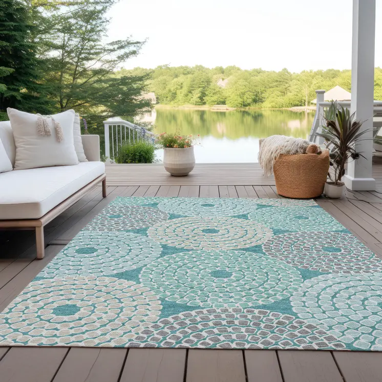 5' X 8' Teal Blue Beige And Gray Geometric Washable Indoor Outdoor Area Rug