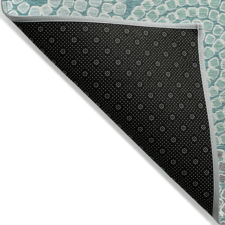 5' X 8' Teal Blue Beige And Gray Geometric Washable Indoor Outdoor Area Rug