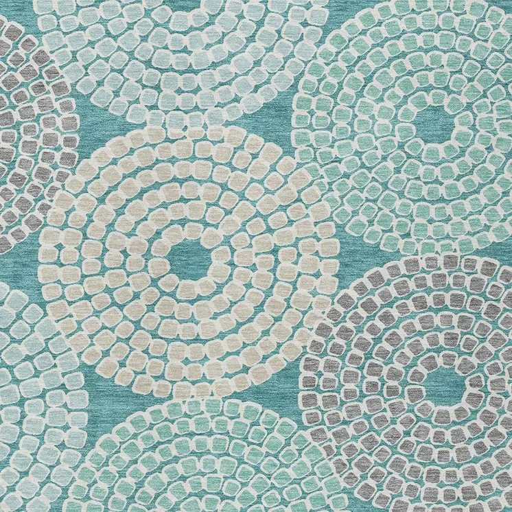5' X 8' Teal Blue Beige And Gray Geometric Washable Indoor Outdoor Area Rug