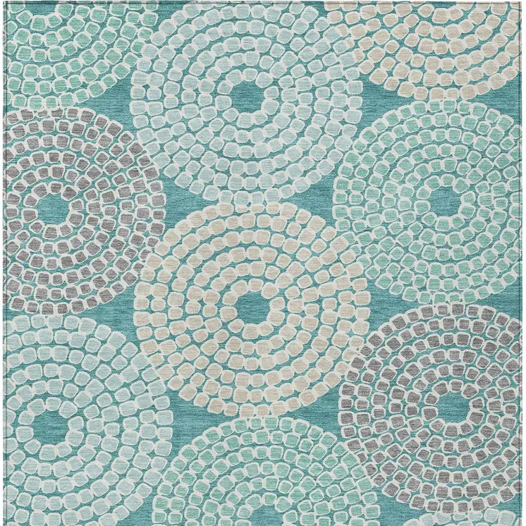 8' X 10' Teal Blue Beige And Gray Geometric Washable Indoor Outdoor Area Rug