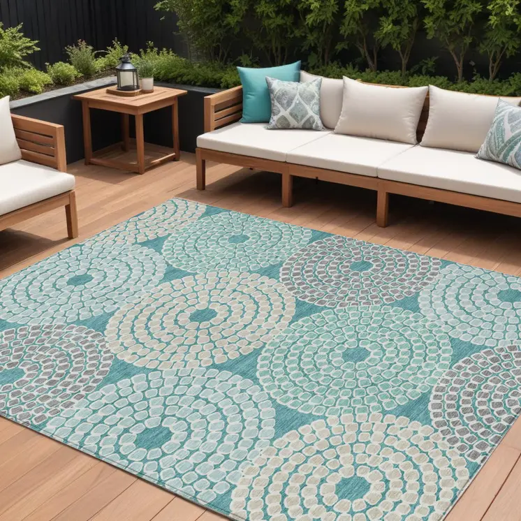 8' X 10' Teal Blue Beige And Gray Geometric Washable Indoor Outdoor Area Rug