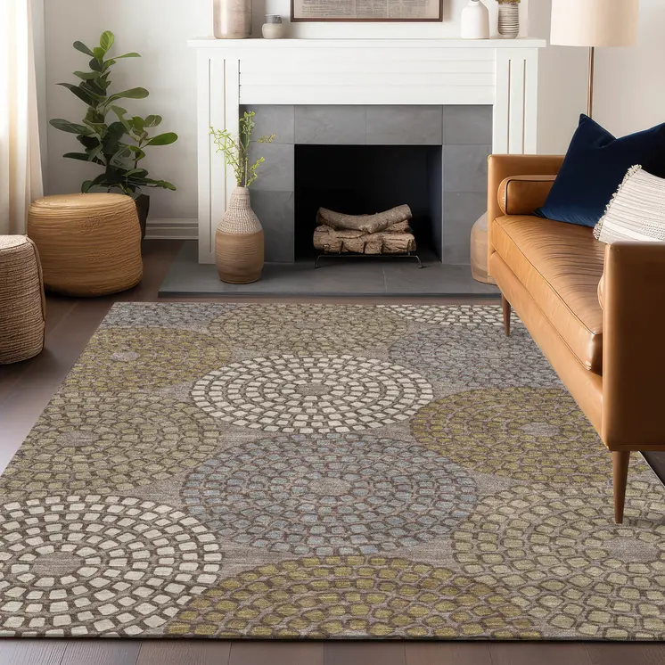 3' X 5' Taupe Beige And Green Geometric Washable Indoor Outdoor Area Rug