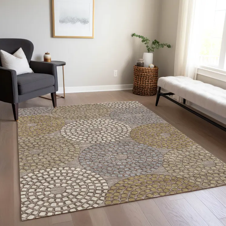 3' X 5' Taupe Beige And Green Geometric Washable Indoor Outdoor Area Rug