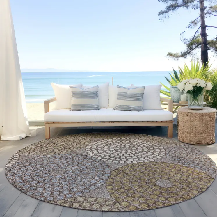 8' Taupe Beige And Green Round Geometric Washable Indoor Outdoor Area Rug