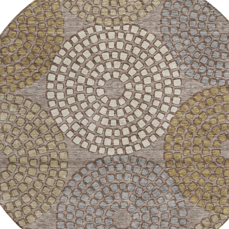 8' Taupe Beige And Green Round Geometric Washable Indoor Outdoor Area Rug