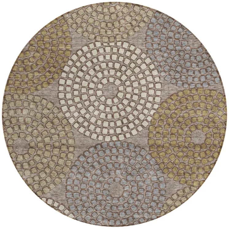 8' Taupe Beige And Green Round Geometric Washable Indoor Outdoor Area Rug