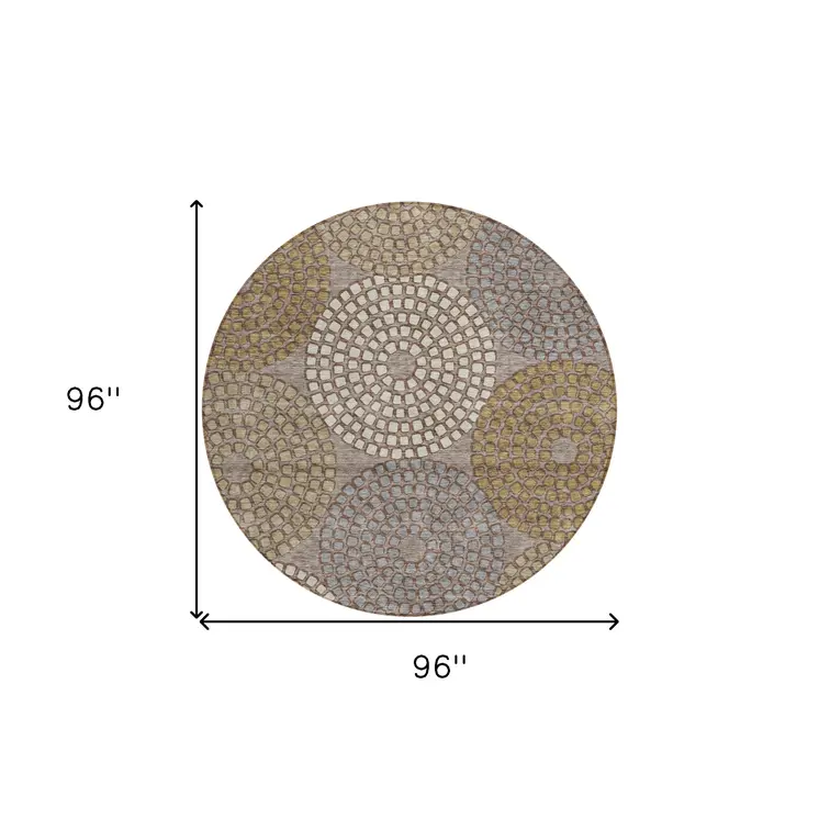 8' Taupe Beige And Green Round Geometric Washable Indoor Outdoor Area Rug
