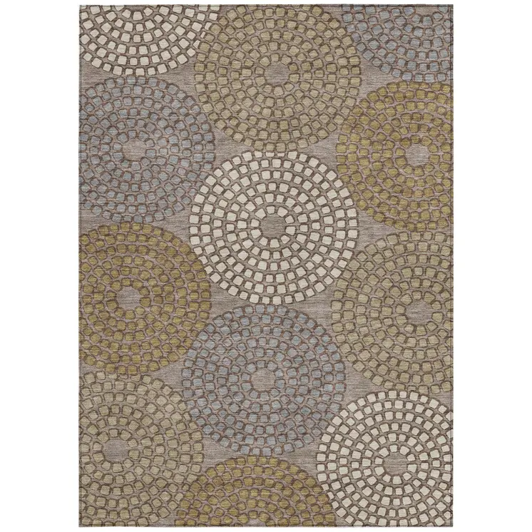 8' X 10' Taupe Beige And Green Geometric Washable Indoor Outdoor Area Rug