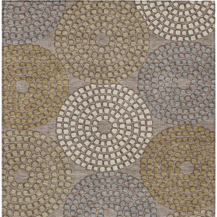 10' X 14' Taupe Beige And Green Geometric Washable Indoor Outdoor Area Rug