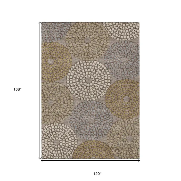 10' X 14' Taupe Beige And Green Geometric Washable Indoor Outdoor Area Rug