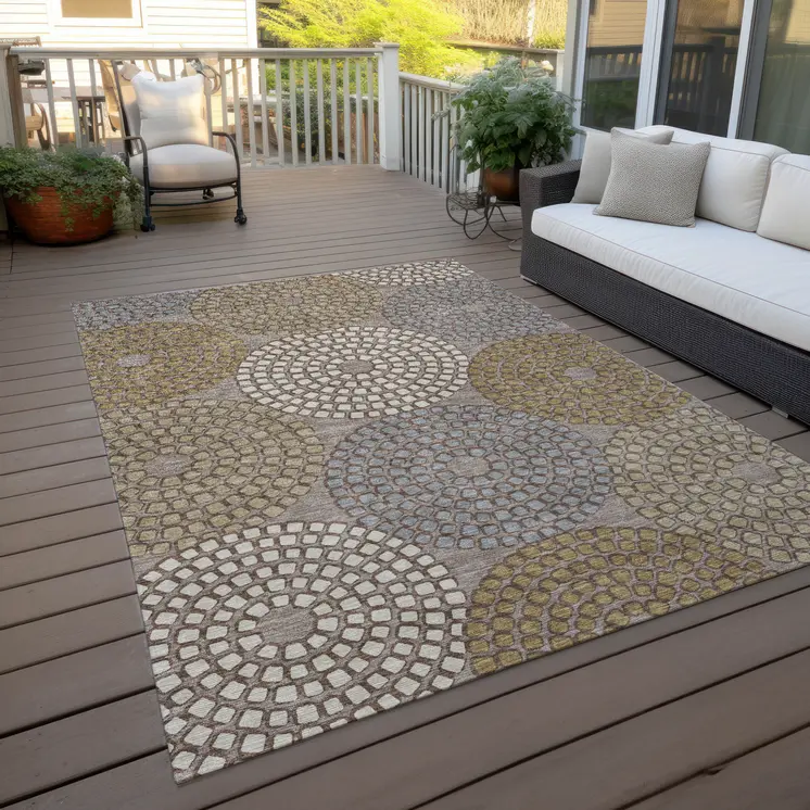 10' X 14' Taupe Beige And Green Geometric Washable Indoor Outdoor Area Rug