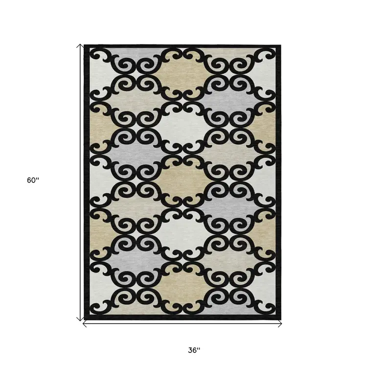 3' X 5' Black Gray And Ivory Trellis Washable Indoor Outdoor Area Rug